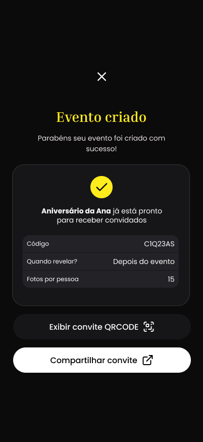 Tela de evento criado com código de convite no app Moments