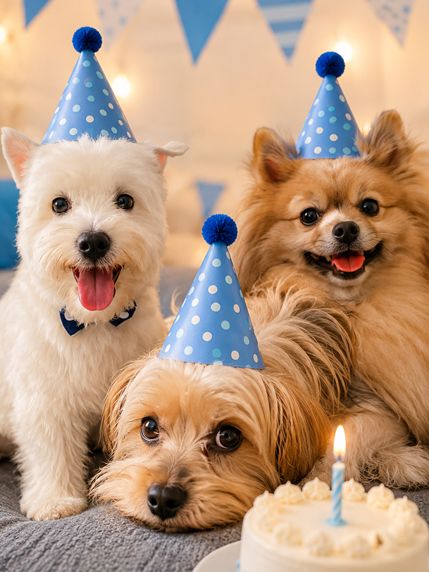 Lulu da Pomerânia com chapéu de festa rosa