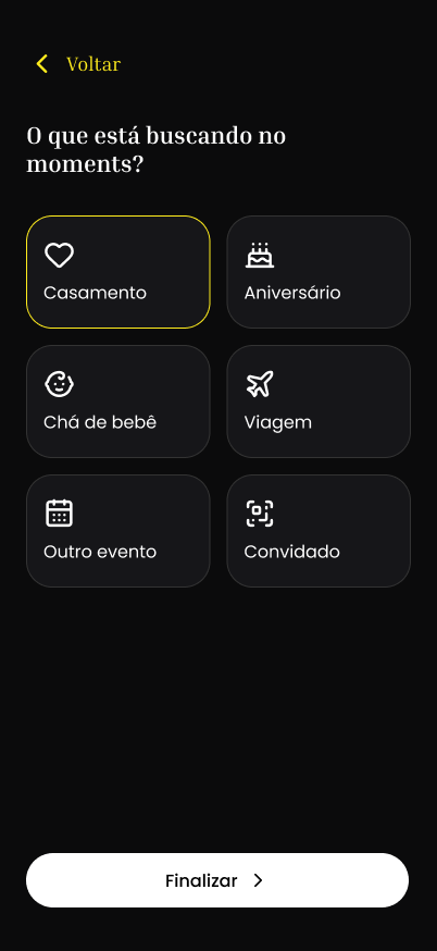Seleção do tipo de evento no app Moments